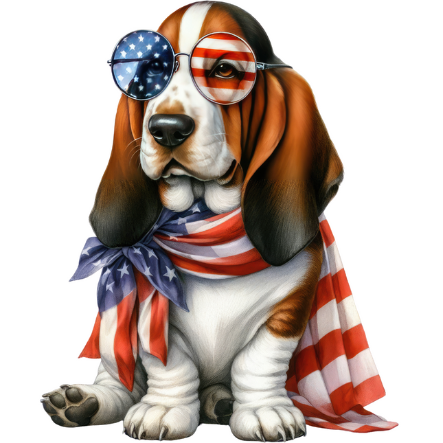 Basset Hound with Flag Shades – DTF Heat Transfer DTF Transfers Style Junction – Custom Digital Designs & Apparel