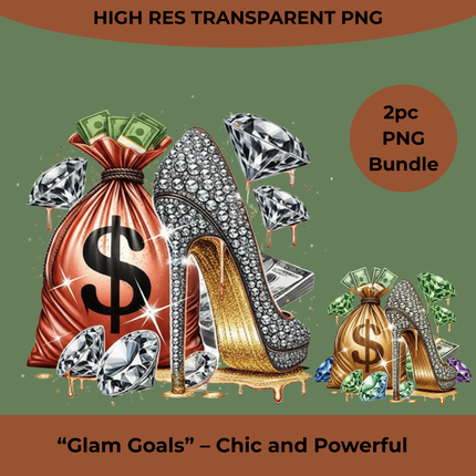 Glam Goals 2pc PNG Bundle by Style Junction Custom Digital Designs features a diamond-studded stiletto and metallic money bag with gems.