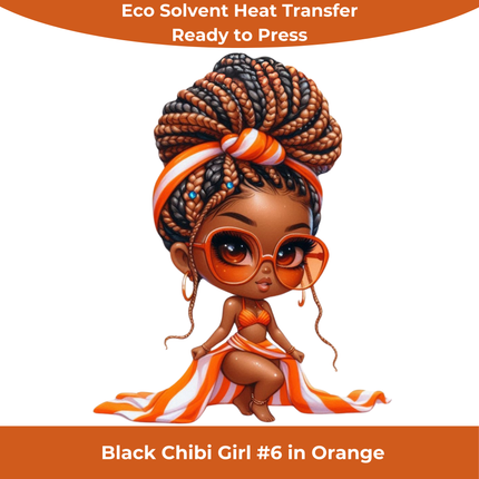 Black Chibi Girl #6 in Orange Eco Solvent Heat Transfers & Ready to Press