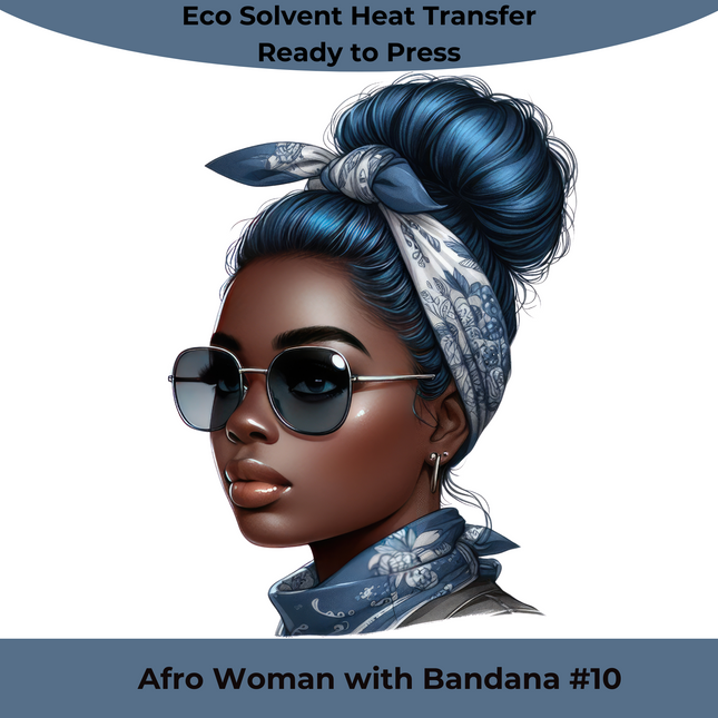 Afro Woman with Bandana #10 Eco Solvent Heat Transfer by Style Junction Custom Digital Designs, vibrant ready to press PNG artwork.