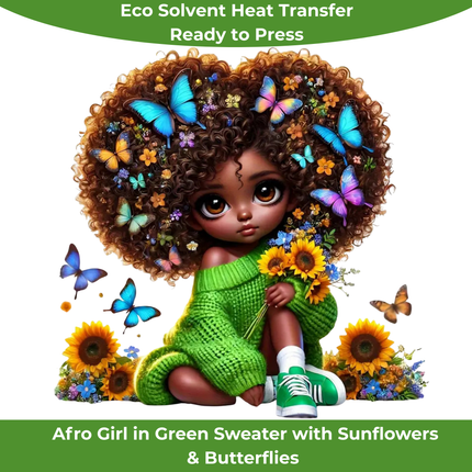Afro Girl in Green Sweater Eco Solvent Heat Transfers & Ready to Press