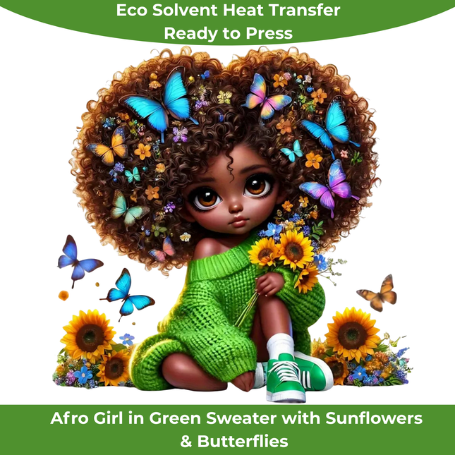 Afro Girl in Green Sweater Eco Solvent Heat Transfers & Ready to Press