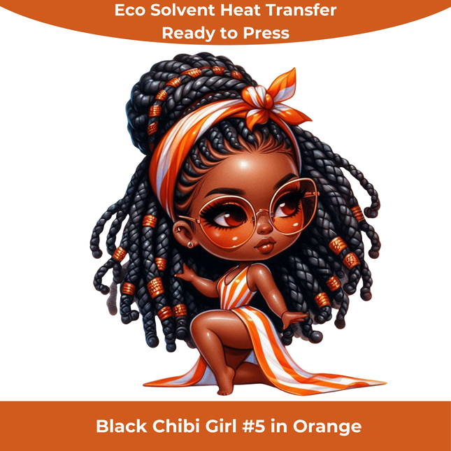 Black Chibi Girl #5 in Orange Eco Solvent Heat Transfers & Ready to Press