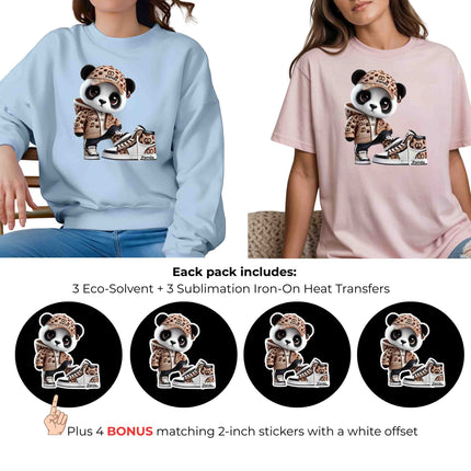 Streetwear Panda 6-Pack Crafter’s & DIY Bundle – 3 Eco-Solvent + 3 Sublimation Iron-On Heat Transfers, Ready to Press, for T-Shirts & More (Includes 4 Bonus Matching 2” inch Stickers).