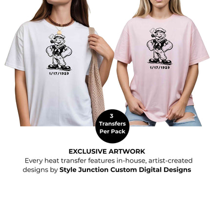 Vintage Cartoon Sailor Heat Transfers 3-Pack, Ready to Press, Vibrant Long-Lasting Prints (Iron-On Transfers Only)