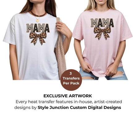 Mama Leopard Bow Heat Transfers 3-Pack, Ready to Press, Vibrant Long-Lasting Prints (Iron-On Transfers Only)