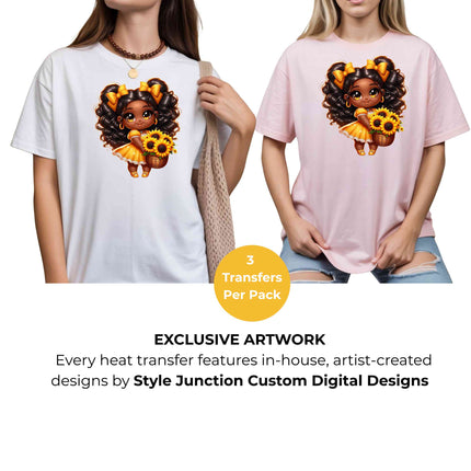 Sunshine Bloom Girl Heat Transfers 3-Pack, Ready to Press, Vibrant Long-Lasting Prints (Iron-On Transfers Only)