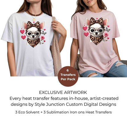 Chihuahua Sweetheart 6-Pack – 3 Eco-Solvent + 3 Sublimation Iron on Transfers - Ready to Press (Iron on Transfers Only)