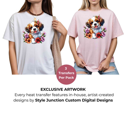 Blossom Pup Joy Heat Transfers 3-Pack, Ready to Press, Vibrant Long-Lasting Prints (Iron-On Transfers Only)