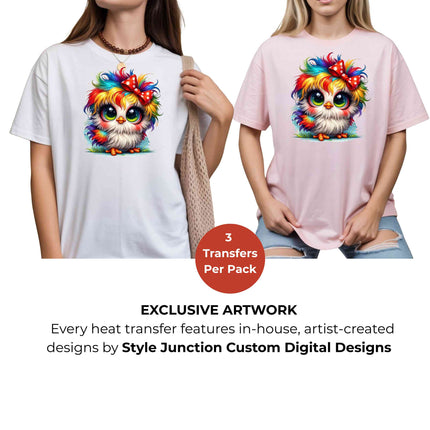 Rainbow Puff Chick Heat Transfers 3-Pack, Ready to Press, Vibrant Long-Lasting Prints (Iron-On Transfers Only)