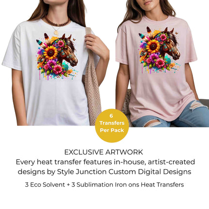 Boho Sunflower Spirit Horse 6-Pack Bundle – 3 Eco-Solvent + 3 Sublimation Iron on Transfers - Ready to Press (Iron on Transfers Only)