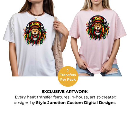 King Lion Rasta Heat Transfers 3-Pack, Ready to Press, Vibrant Long-Lasting Prints (Iron-On Transfers Only)