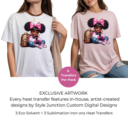 Little Miss Backpack Cutie 6-Pack – 3 Eco-Solvent + 3 Sublimation Iron on Transfers - Ready to Press (Iron on Transfers Only)