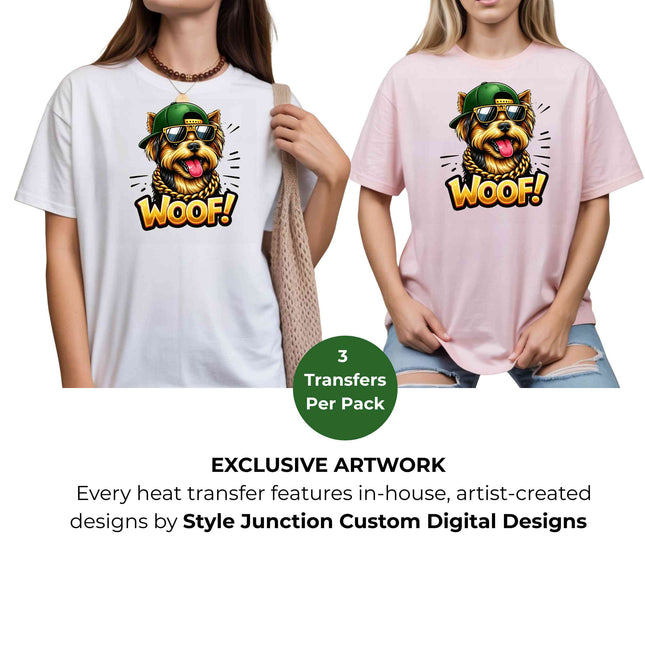 Hip-Hop Yorkie “WOOF! Heat Transfers 3-Pack, Ready to Press, Vibrant Long-Lasting Prints (Iron-On Transfers Only)