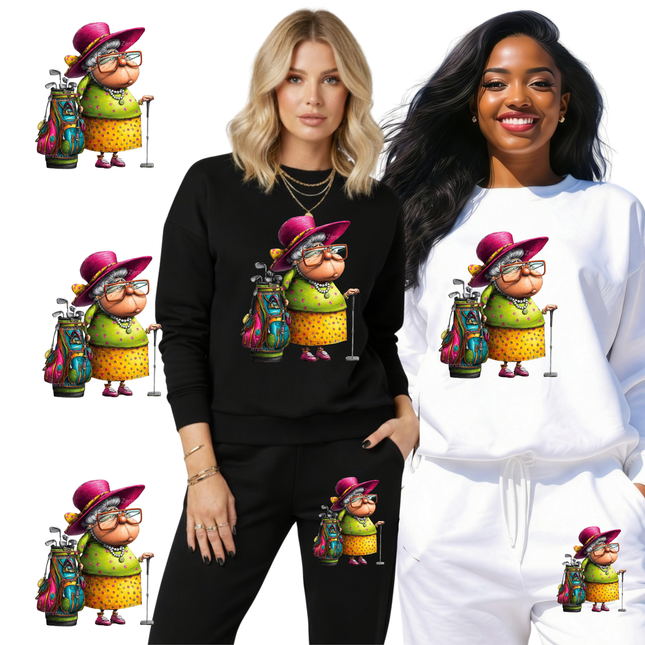 Grandma Fairway Flo 6-Pack DIY Bundle – 3 Eco-Solvent Iron-On Heat Transfers + 3 Sublimation Iron-On Heat Transfers, Ready to Press. Bonus: 4 Matching 2-Inch Stickers