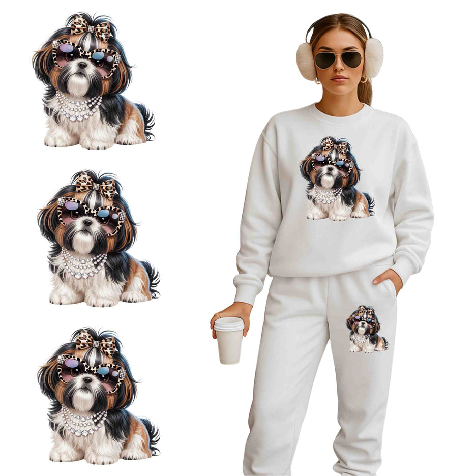 Glam Shih Tzu Diva 6-Pack Crafter’s & DIY Bundle – 3 Eco-Solvent + 3 Sublimation Iron-On Heat Transfers, Ready to Press, for T-Shirts & More. Bonus: Matching 2” inch Stickers.