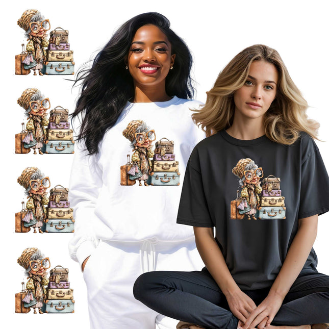 Vintage Travel Queen 6-Pack Ready-to-Press DIY Bundle – 3 Eco-Solvent + 3 Sublimation Heat Transfers with 4 Bonus 2-Inch Stickers