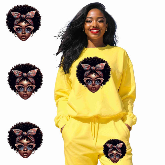 Retro Bow Afro Beauty 6-Pack DIY Bundle – 3 Eco-Solvent Iron-On Heat Transfers + 3 Sublimation Iron-On Heat Transfers, Ready to Press. Bonus: 4 Matching 2-Inch Stickers