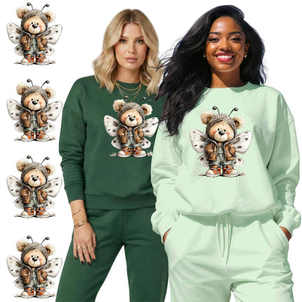 Butterfly Bear #1 6-Pack Crafter’s & DIY Bundle – 3 Eco-Solvent + 3 Sublimation Ready-to-Press Iron-On Heat Transfers for T-Shirts & More, + Bonus 4 Matching 2-Inch Stickers