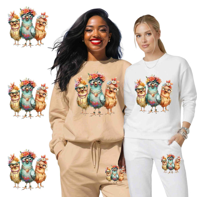 Floral Glasses Chick Trio 6-Pack DIY Bundle – 3 Eco-Solvent Iron-On Heat Transfers + 3 Sublimation Iron-On Heat Transfers, Ready to Press. Bonus: 4 Matching 2-Inch Stickers