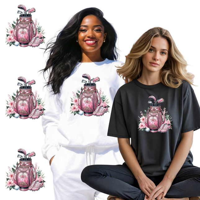 Blush Diamond Golf Queen 6-Pack Ready-to-Press DIY Bundle – 3 Eco-Solvent + 3 Sublimation Heat Transfers with 4 Bonus 2-Inch Stickers