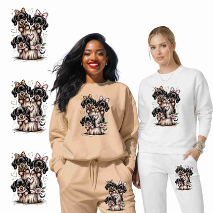 Bow-Tied Puppy Trio 6-Pack DIY Bundle – 3 Eco-Solvent Iron-On Heat Transfers + 3 Sublimation Iron-On Heat Transfers, Ready to Press. Bonus: 4 Matching 2-Inch Stickers