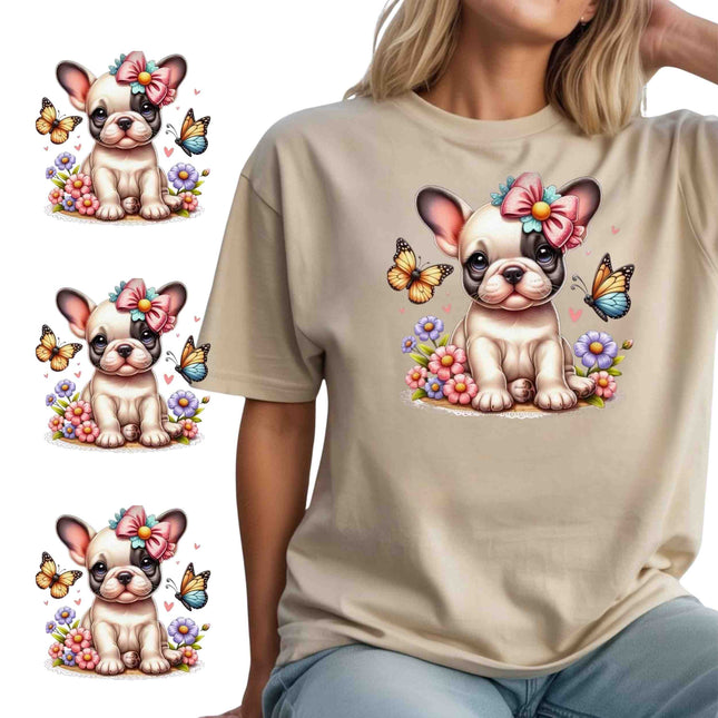 Butterfly Bow Frenchie 6-Pack Crafter’s & DIY Heat Transfer Bundle – 3 Eco-Solvent + 3 Sublimation Iron-On Transfers, Ready to Press, for T-Shirts, Hoodies & More, with 4 Bonus Matching Stickers