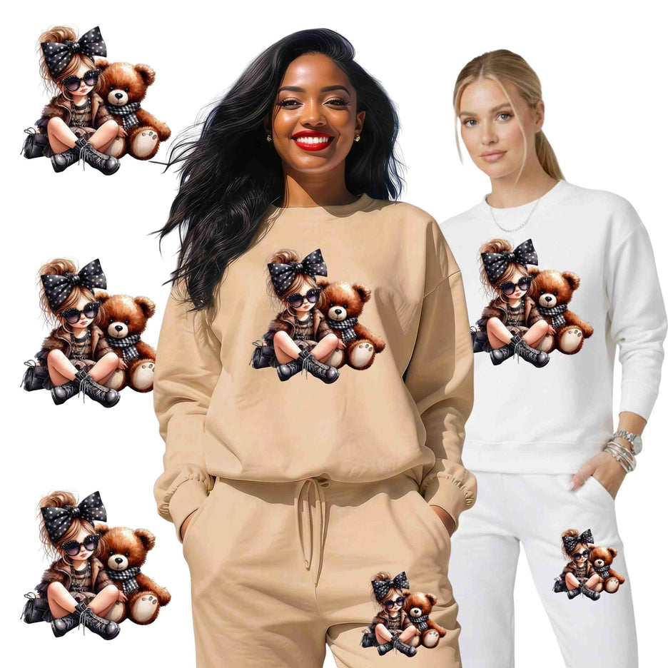 Little Lady & Her Teddy 6-Pack DIY Bundle – 3 Eco-Solvent Iron-On Heat Transfers + 3 Sublimation Iron-On Heat Transfers, Ready to Press. Plus Bonus: 4 Matching 2-Inch Stickers