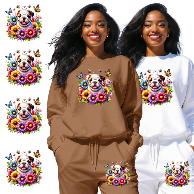 Blossom Buddy Bulldog 6-Pack Ready-to-Press DIY Bundle – 3 Eco-Solvent + 3 Sublimation Iron-on Heat Transfers with 4 Bonus 2-Inch Stickers