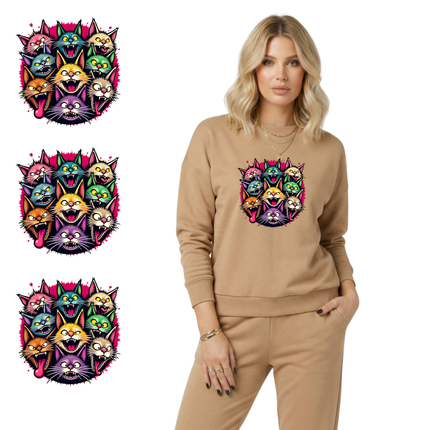 Feral Feline Frenzy 6-Pack Crafter’s & DIY Bundle – 3 Eco-Solvent + 3 Sublimation Ready-to-Press Iron-On Heat Transfers for T-Shirts, Tote Bags & More, + Bonus 4 Matching 2-Inch Stickers