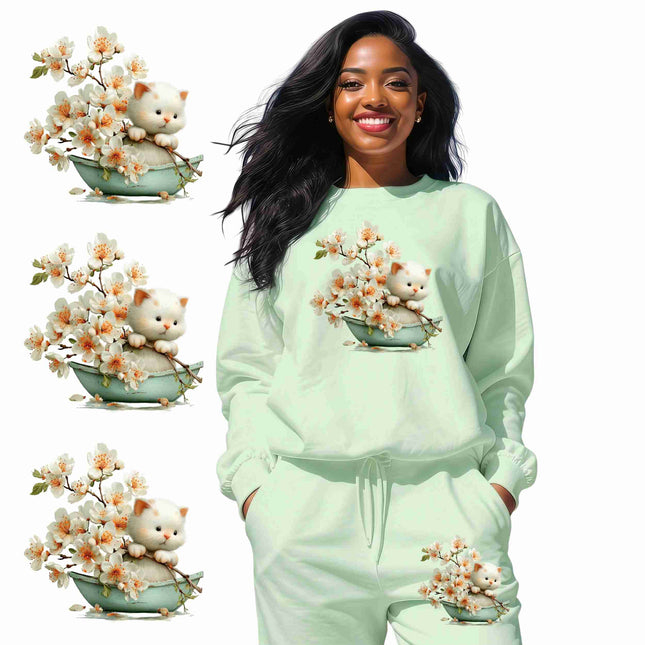 Whimsical Spring cat #1 6-Pack DIY Bundle – 3 Eco-Solvent Iron-On Heat Transfers + 3 Sublimation Iron-On Heat Transfers, Ready to Press. Bonus: 4 Matching 2-Inch Stickers