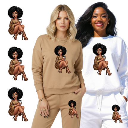 Mocha Chic Maven 3 Eco-Solvent Iron-On Heat Transfers + 3 Sublimation Iron-On Heat Transfers, Ready to Press. Bonus: 4 Matching 2-Inch Stickers