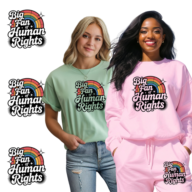Big Fan of Human Rights 6-Pack Ready-to-Press DIY Bundle – 3 Eco-Solvent + 3 Sublimation Iron-on Heat Transfers with 4 Bonus 2-Inch Stickers