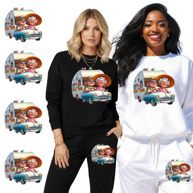 Golden Years Road Trip 6-Pack Ready-to-Press DIY Bundle – 3 Eco-Solvent + 3 Sublimation Heat Transfers with 4 Bonus 2-Inch Stickers