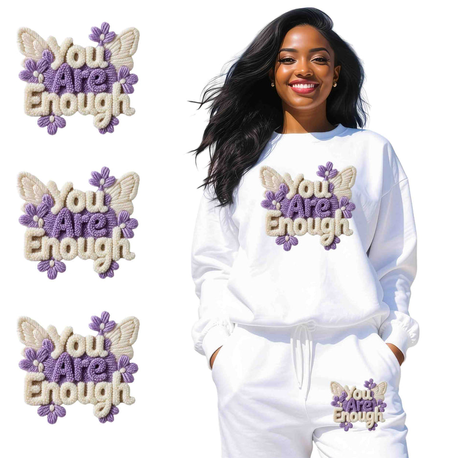 Faux Yarn-You Are Enough 6-Pack Crafter’s & DIY Bundle – 3 Eco-Solvent + 3 Sublimation Iron-On Heat Transfers, Ready to Press, for T-Shirts & More (Includes 4 Bonus Matching 2” inch Stickers).