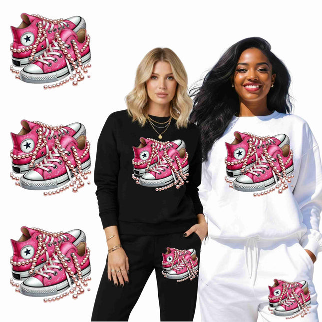 Blush Pearl High-Tops 6-Pack DIY Bundle – 3 Eco-Solvent Iron-On Heat Transfers + 3 Sublimation Iron-On Heat Transfers, Ready to Press. Bonus: 4 Matching 2-Inch Stickers