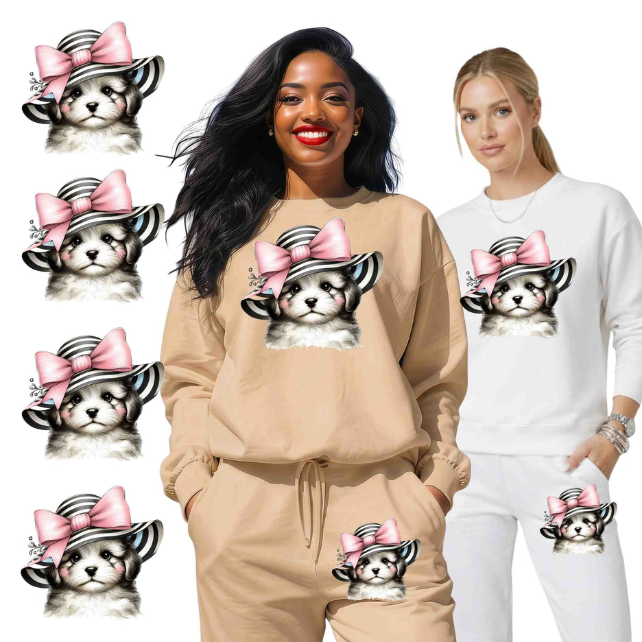 Pretty Pup in Pink Bow 6-Pack DIY Bundle – 3 Eco-Solvent Iron-On Heat Transfers + 3 Sublimation Iron-On Heat Transfers, Ready to Press. Plus Bonus: 4 Matching 2-Inch Stickers