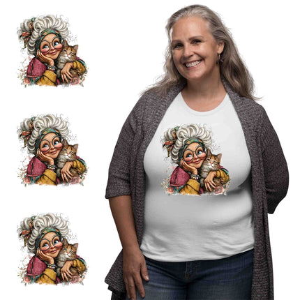 Cozy Cat Grandma 6-Pack Crafter’s & DIY Bundle – 3 Eco-Solvent Iron-On Heat Transfers + 3 Sublimation Iron-On Heat Transfers, Ready to Press for T-Shirts & More. Bonus: 4 Matching 2-Inch Stickers