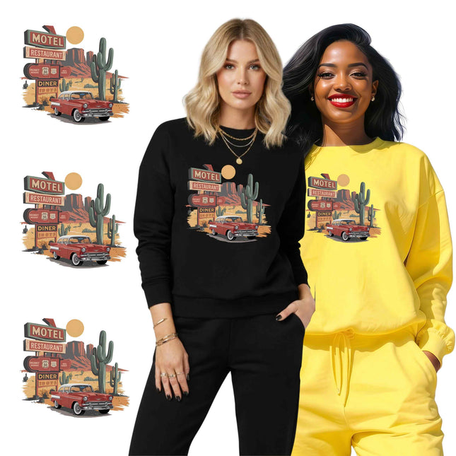 Route 66 Motel Diner 6-Pack Crafter’s & DIY Bundle – 3 Eco-Solvent + 3 Sublimation Ready-to-Press Iron-On Heat Transfers for T-Shirts & More, + Bonus 4 Matching 2-Inch Stickers