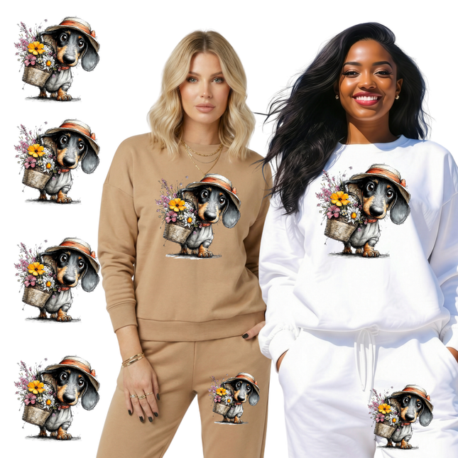 Bloom Basket Dachshund 6-Pack Ready-to-Press DIY Bundle – 3 Eco-Solvent + 3 Sublimation Iron-on Heat Transfers with 4 Bonus 2-Inch Stickers