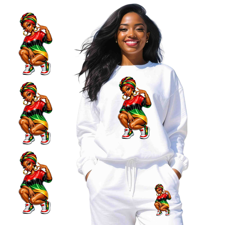 Pan-African Power Cutie 6-Pack Crafter’s & DIY Bundle – 3 Eco-Solvent Iron-On Heat Transfers + 3 Sublimation Iron-On Heat Transfers, Ready to Press. Bonus: 4 Matching 2-Inch Stickers