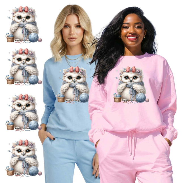 Knitting Owl DIY Heat Transfer Bundle, 6 Pack Ready-to-Press Transfers for T-Shirts, 3 Eco-Solvent and 3 Sublimation, with 4 Bonus 2-Inch Stickers