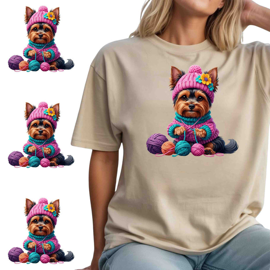 Cozy Knit Yorkie 6-Pack Crafter’s & DIY Bundle – 3 Eco-Solvent + 3 Sublimation Iron-On Heat Transfers, Ready to Press, for T-Shirts & More (Includes 4 Bonus Matching 2” inch Stickers).