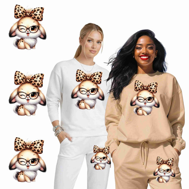 Leopard Bow Bunny Cutie 6-Pack DIY Bundle – 3 Eco-Solvent Iron-On Heat Transfers + 3 Sublimation Iron-On Heat Transfers, Ready to Press. Bonus: 4 Matching 2-Inch Stickers