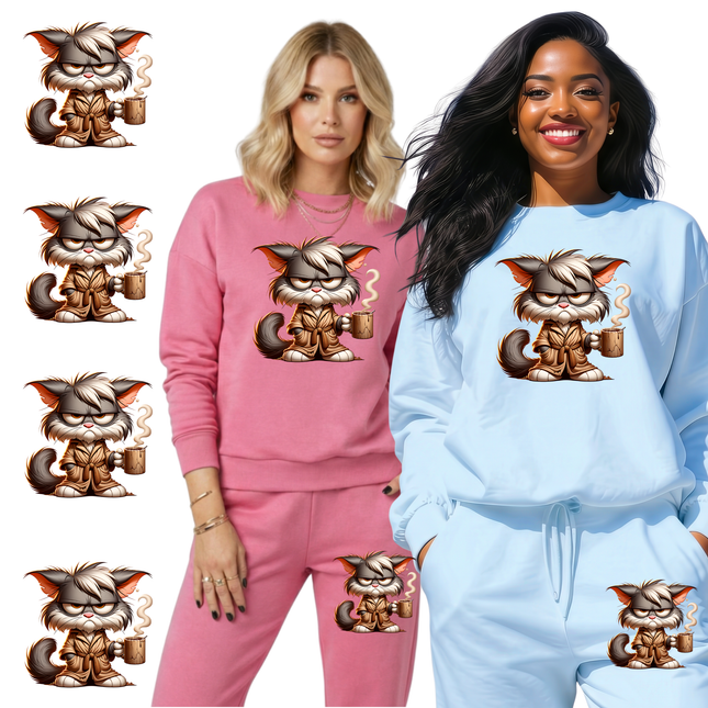 Grumpy Brew Feline 6-Pack Ready-to-Press DIY Bundle – 3 Eco-Solvent + 3 Sublimation Iron-on Heat Transfers with 4 Bonus 2-Inch Stickers