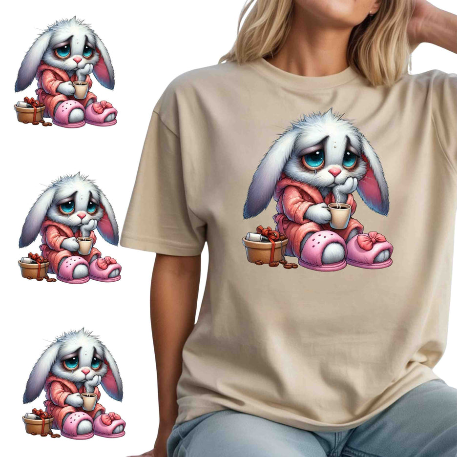 Cozy Coffee Bunny 6-Pack Crafter’s & DIY Bundle – 3 Eco-Solvent + 3 Sublimation Iron-On Heat Transfers, Ready to Press, for T-Shirts, Hoodies & More, with 4 Bonus Matching 1.5–2 in Stickers