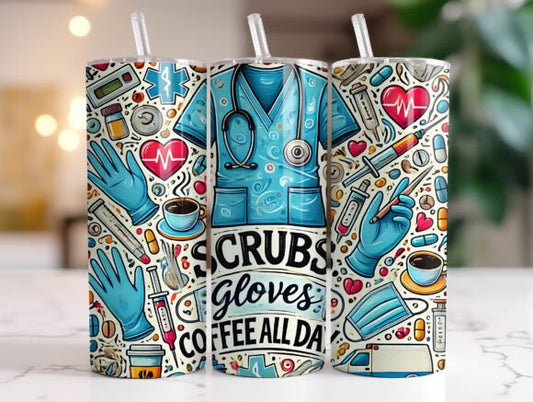 Scrubs Gloves Coffee Tumbler Wrap PNG – Nurse Sublimation Design – Medical 20oz Tumbler – Healthcare Worker Gift – Instant Digital Download Tumbler Wraps Style-Junction Custom Designs & Prints