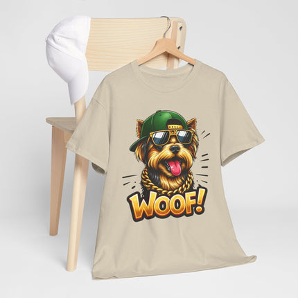 Woof! Cool Yorkie Graphic Tee — Retro Pup with Sunglasses & Cap