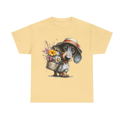 Dachshund with Flower Basket T‑Shirt — Cute Puppy Garden Tee