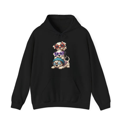 Cute Stacked Puppies Hoodie – Colorful Sunglass Dog Trio Pullover